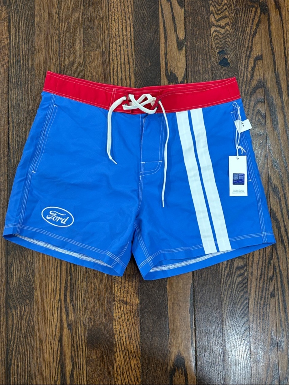 Ford Racer 5” Men’s Blue Swim Shorts with White Stripes size 32